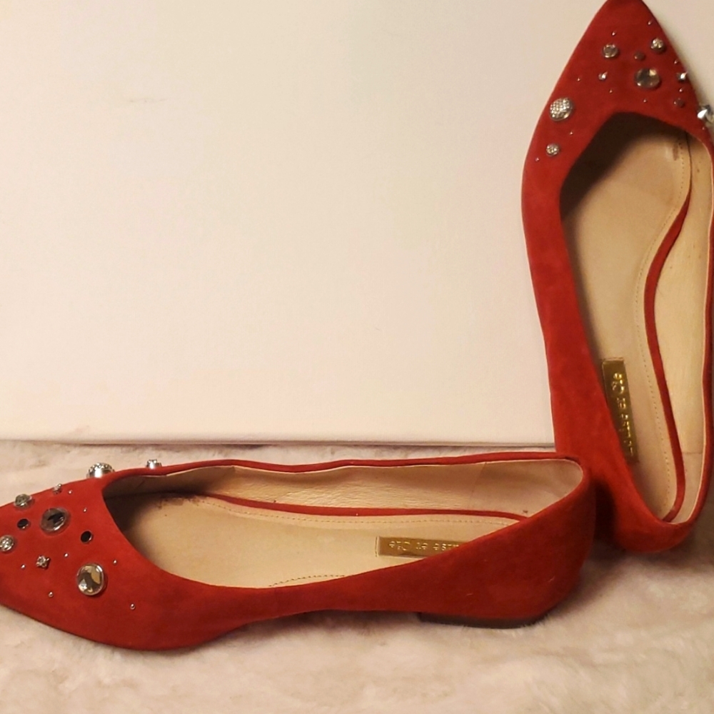 7.5 RED "RUBY" FLATS ! SUEDE FINISH. LEATHER INSOLE.